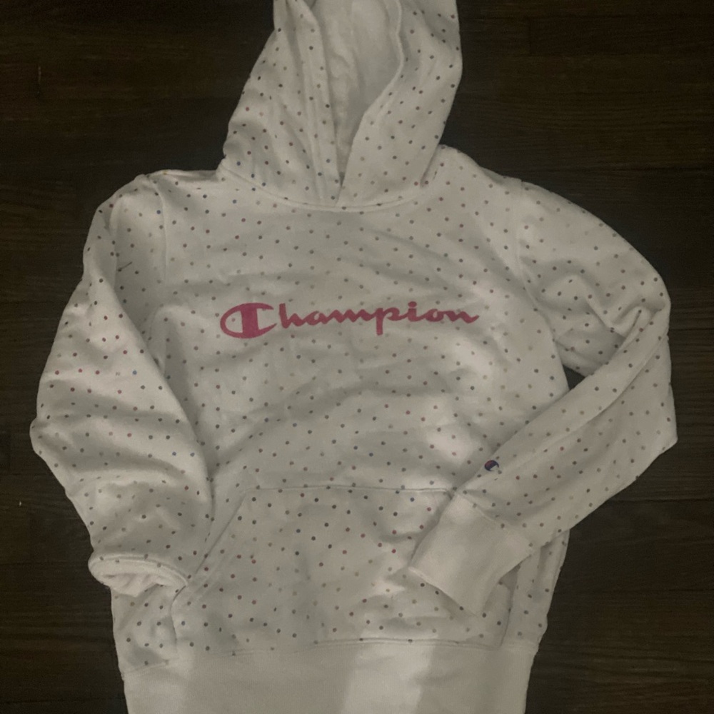 Girls Champion White Hoodie with Rainbow Polka Dots